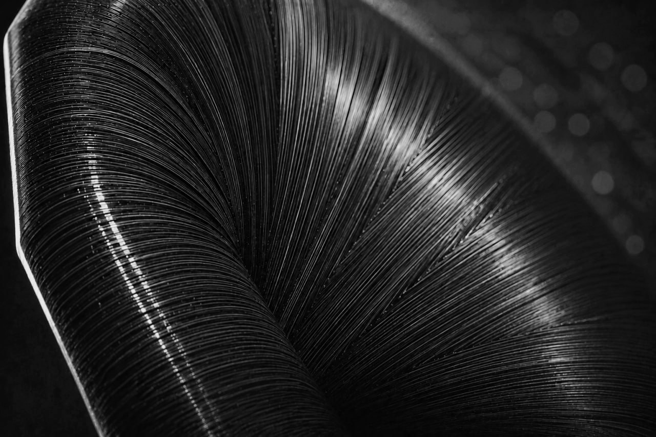 Close black-and-white detail of Maravedis horn loudspeakers
